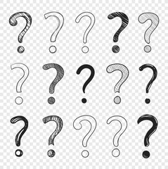 Vector Doodle Hand Drawn Question Marks Set Isolated on Light Transparent Background.