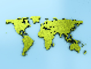 Green world map squares on blue glossy background. 3D illustration