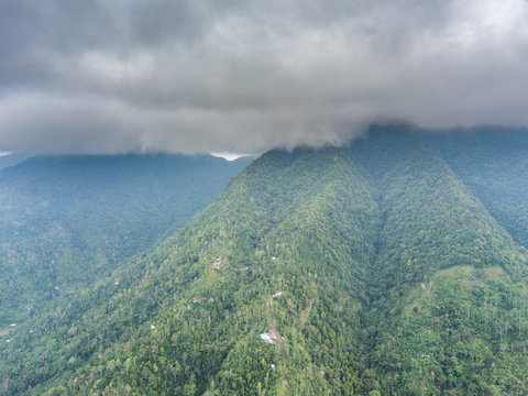 Aerial view of Agong mount and countryside village at Bali, Indonesia.
