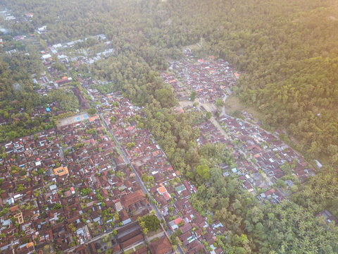 Aerial view of Agong mount and countryside village at Bali, Indonesia.