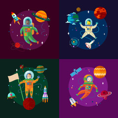 Astronauts, space, spaceship and planets.