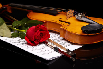 Fototapeta premium Violin, rose and notes.