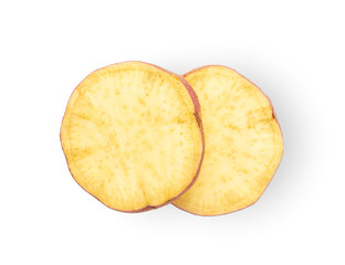 slice yams on isolated white background. top view