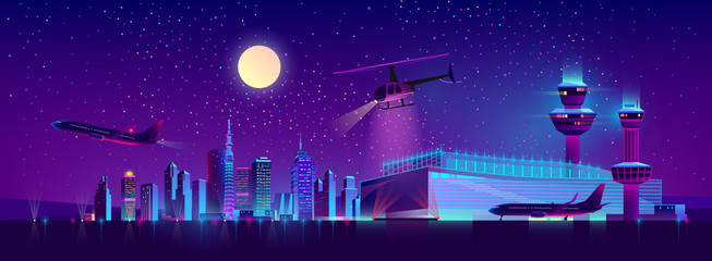 Vector background of night airport with takeoff of the plane and landing of a helicopter. Terminal, control room in bright neon lights, modern illumination. Night sky, landscape with hangar, building. - obrazy, fototapety, plakaty