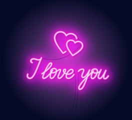 I love you neon lettering . Heart sign. Vector illustration on dark background.