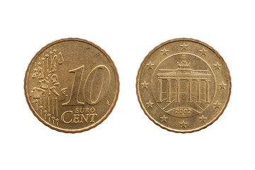 Ten cent euro coin of Germany dated 2002 showing the Brandenburg Gate of Berlin on the reverse cut...