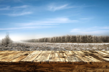 Table background of free space and winter landscape 