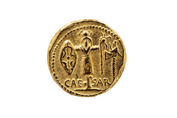 Reverse side of a Roman Aureus Gold Coin replica of Julius Caesar with a Trophy of Gallic Arms  struck between 48-47 BC cut out and isolated on a white background