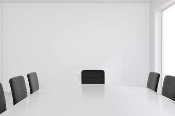 Empty white meeting room and conference table. 3d rendering.