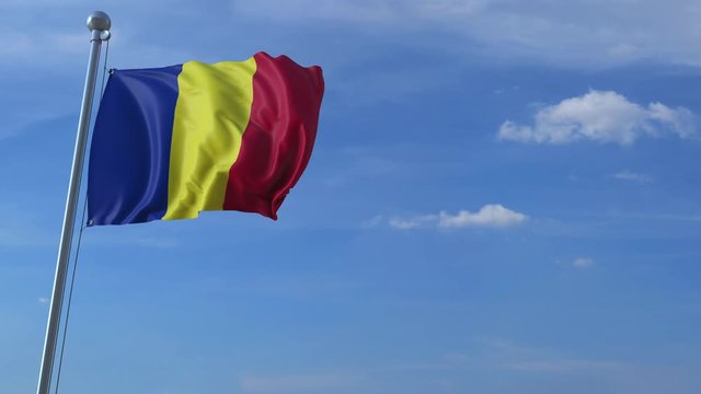 Commercial airplane landing behind waving Romanian flag. Travel to Romania conceptual animation