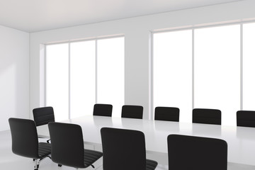White office and blank banner in interior with large window. 3D Rendering.