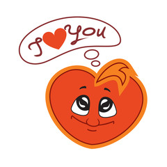 The vector illustration of the children's character heart the boy smiles and looks up. Fiery flame of love in the children's picture of the animation character. Thought the message I love you. 