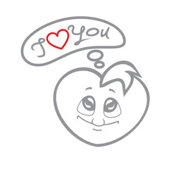 The vector illustration of the children's character heart the boy smiles and looks up. Fiery flame of love in the children's picture of the animation character. Thought the message I love you. Monochr