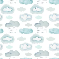 Fototapete Wolken Nahtloses Muster des netten bunten Aquarells mit grauen und blauen stürmischen Wolken und Regentropfen. Cartoon-Textur mit Wetterelementen für Kindertextilien, Geschenkpapier, Wetteroberflächendesign, Hintergrund