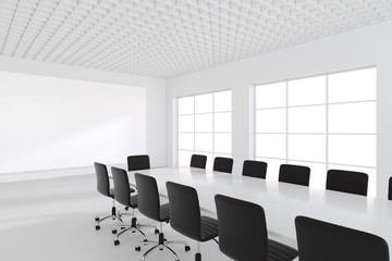 White office and blank banner in interior with large window. 3D Rendering.