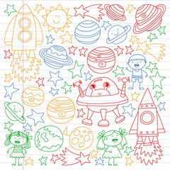 Vector set of space elements icons in doodle style. Painted, colorful, gradient, on a sheet of checkered paper on a white background.