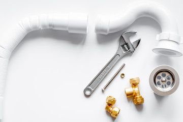 concept plumbing work top view on white background