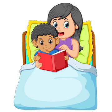 recommend clip art: the curly boy is going to sleep and reading the book with his mother 