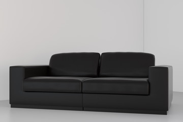 Black sofa. Office room. Concept of demonstration. 3d rendering