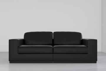 Black sofa in an empty room on gray walls. 3d rendering