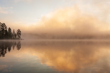Fototapeta na wymiar Fog rising from lake at summer morning sunrise landscape