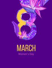 8 March. Happy Women`s Day. Negative space trend. Tropical palm leaves, plants. Exotic Hawaiian holidays. Mother s Day.