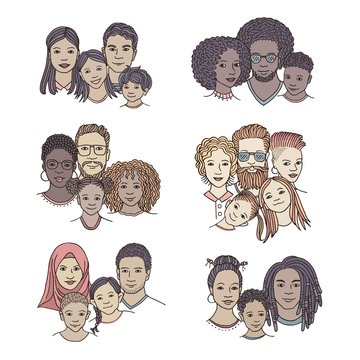 Hand drawn family portraits, parents and children from diverse ethnicities