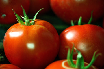 Ripe fresh harvested vegetables on table. Cutting tomatoes on wooden board. Making delicious vegetarian meal or canning veggies for winter in jars. Concept of healthy eating. Water or rain drops