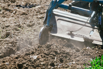 Fototapeta na wymiar Agriculture work. Close up of a plow attached to a mini-tractor working on arable land on a farm in spring