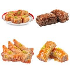 Tasty oriental sweets collage isolated on white