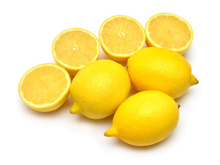 Lemons creative whole and half isolated on white background. Yellow fruit. Flat lay, top view