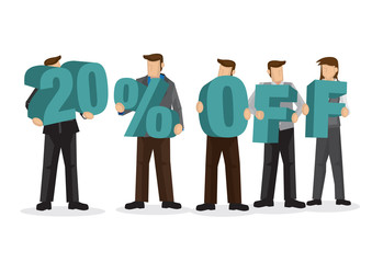 Group of business people holding giant alphabet to form 20 percentage off. Concept of promotion, teamwork or discount. Cartoon isolated vector illustration.