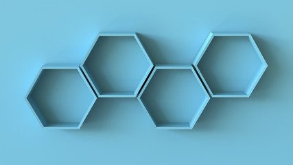 Empty blue hexagons shelves on blank wall background. 3D rendering.