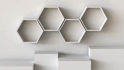 Empty white hexagons shelves and cube box podium on wall background. 3D rendering.