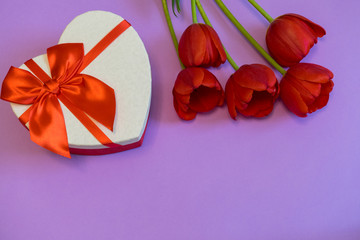 Red tulips and gift box in heart shape with red bow on bright violet background. Beautiful spring floral layout. Greeting card for Valentine's, women's or mother's day. Flat lay, top view, copy space