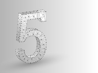 number five low poly abstract illustration consisting of points, lines, and shapes in the form of planets, stars and the universe.Origami raster digit 5 wireframe concept.