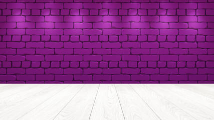 The light wooden table top in the background is a purple old brick. Spotlight effect on the wall - can be used for display or montage your products 3d render