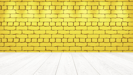 The white wooden table top in the background is a yellow old brick. Spotlight effect on the wall - can be used for display or montage your products 3d render