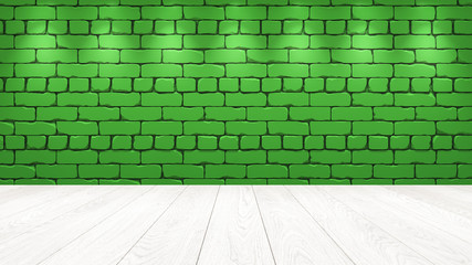 Fototapeta premium Biały, drewniany blat w tle to zielona stara cegła. Efekt reflektora na ścianie - może służyć do wyeksponowania lub montażu renderowania 3d Twoich produktów