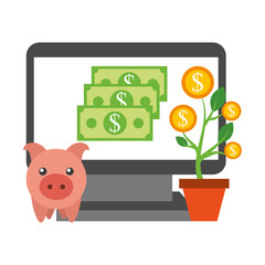 laptop piggy bank plant coins money business