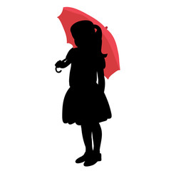 white background, black silhouette of a child girl with an umbrella