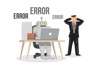 Artificial intelligence robot failures broken down due to overloaded. Artificial brain glitch and error. Future concept. Business man is worry about the failure of his business.