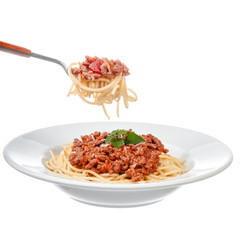 Spaghetti bolognese sauce with beef or pork,cheese,tomatoes and spices on white plate