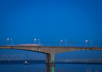 Bridge across the Volga river in the evening