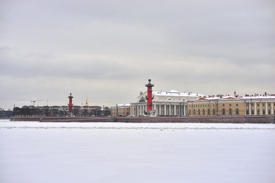 View of frozen Neva River and Spit Vasilyevsky Island.