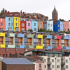 The colorful mix of a section of old and new residential buildings overlooking Bristol harbor UK - obrazy, fototapety, plakaty