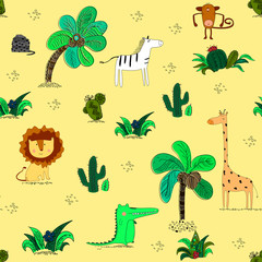 Seamless pattern with cute african animals and tropical plants.