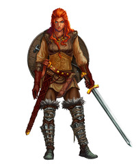 Girl viking fighter with sword and shield and red hair smiling