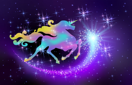 Starlit sky and iridescent unicorn with luxurious winding mane against the background of the fantasy universe with sparkling stars