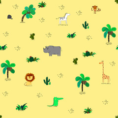 Seamless pattern with cute african animals and tropical plants.
